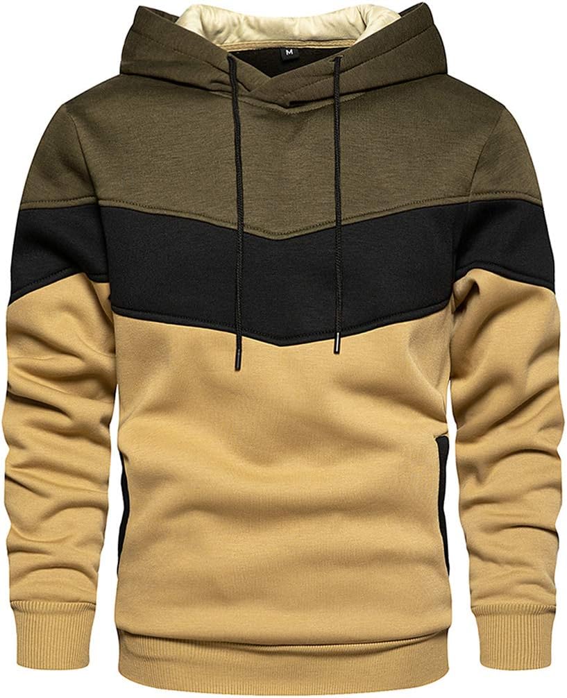 Mens Hoodies Pullover Color Block  Long  Sweatshirt Tops with Pocket