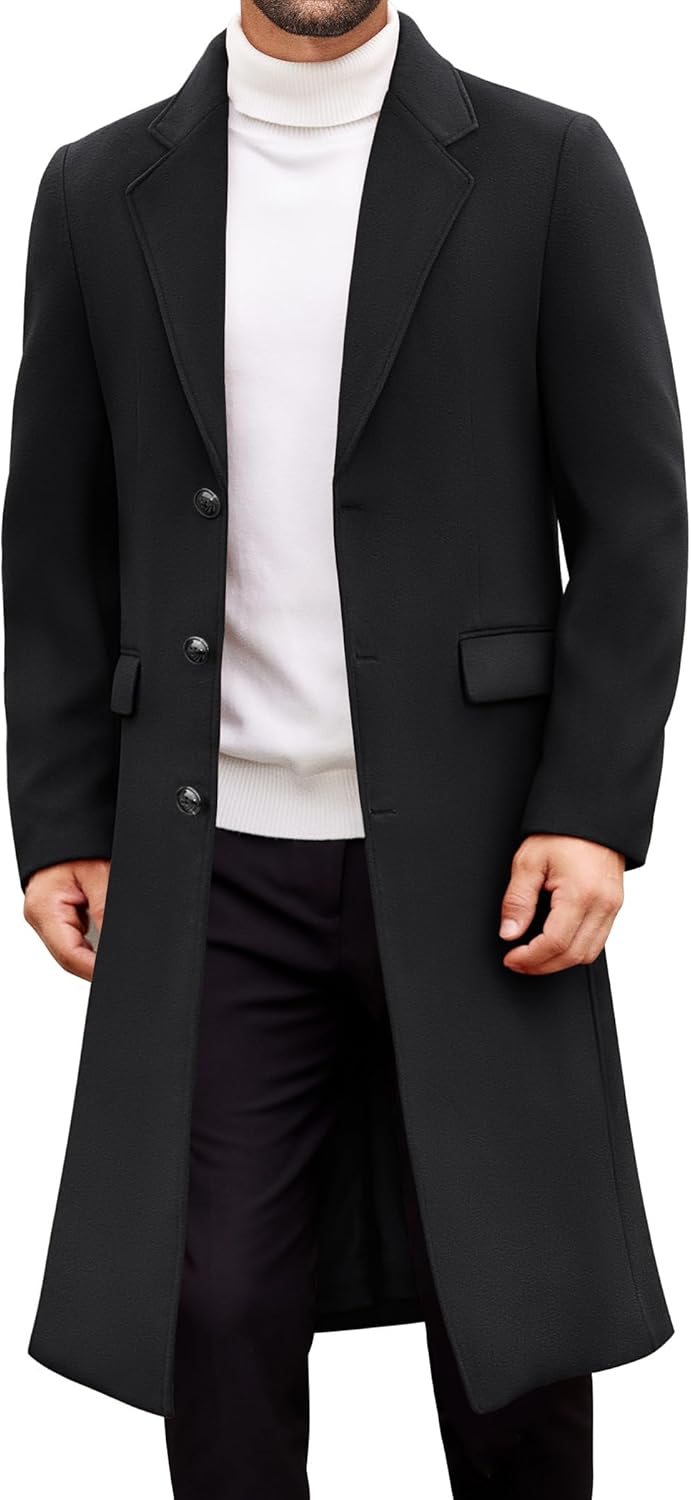 Mens Trench Coat Long Casual Single Brested Overcoat Winter Notched Collar Wool Blend Pea coat With Pockets