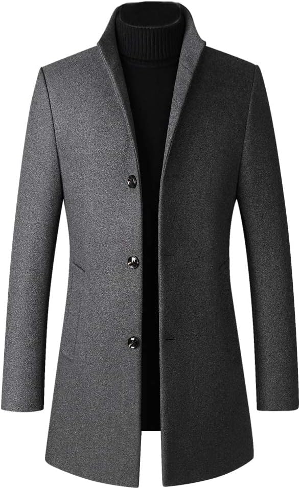 Men's Winter Trench Coat Wool Blend Pea Coat Slim Fit Single Breasted Topcoat Business Dowm Jacket