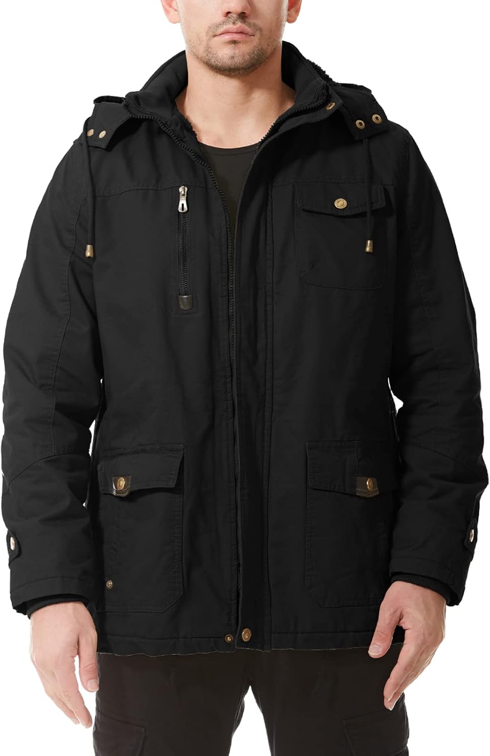 Mens Jacket Winter Casual  Lined Cotton Thick Military Tactical Hooded Work Coats with Cargo Pockets