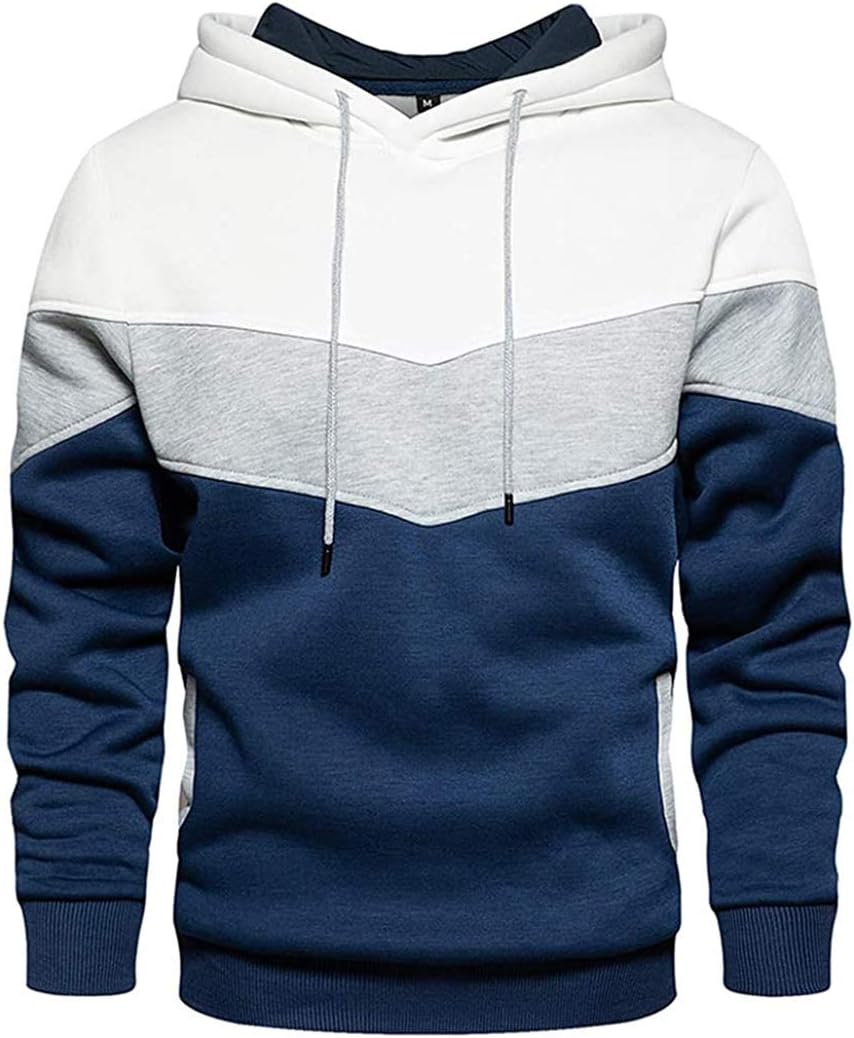 Mens Hoodies Pullover Color Block  Long  Sweatshirt Tops with Pocket