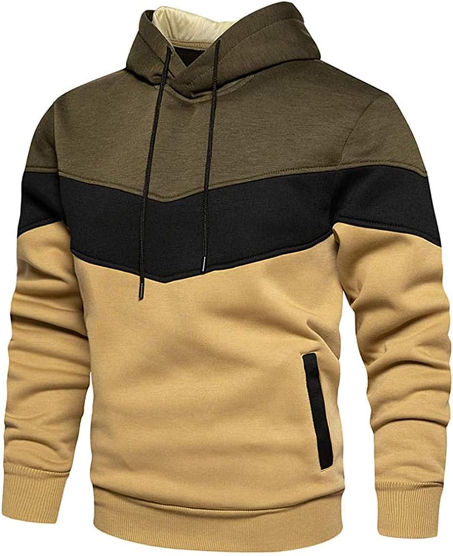 Mens Hoodies Pullover Color Block  Long  Sweatshirt Tops with Pocket