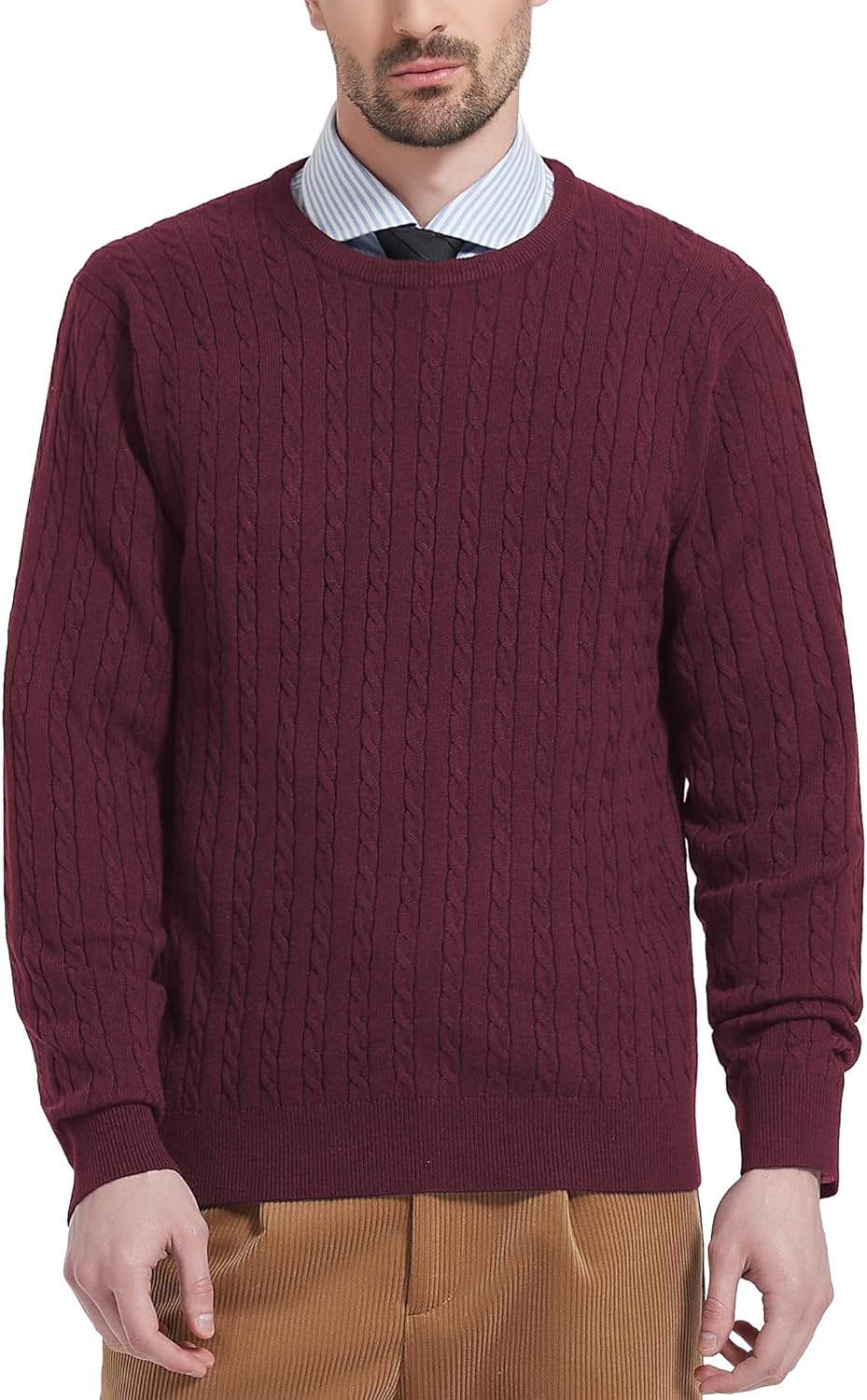 Men's Cable Knit Crewneck Sweater Pullovers Wool Blend Relax Fit Knitwear