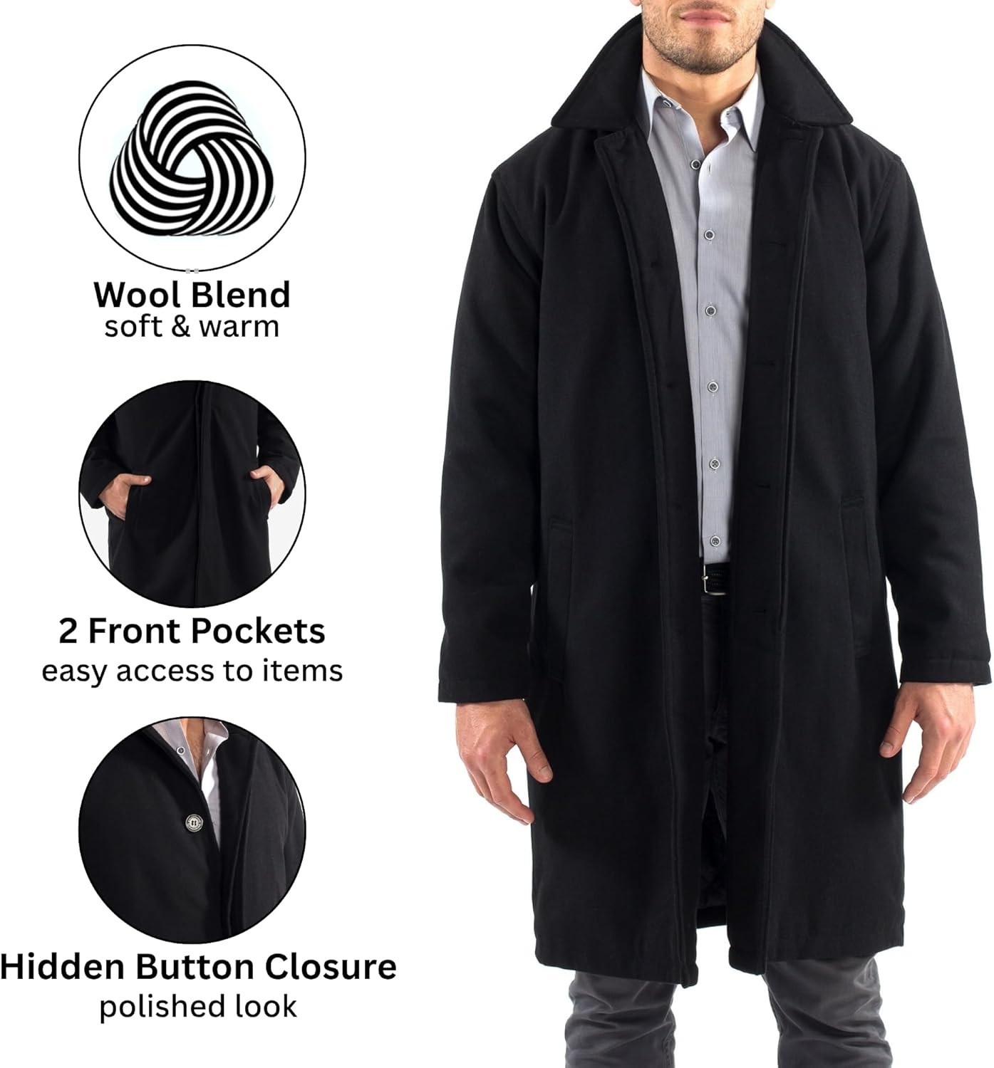 Men’s Wool Blend Overcoat – Knee-Length Trench Coat, Runs Large for Layering Over Suits or Sweaters