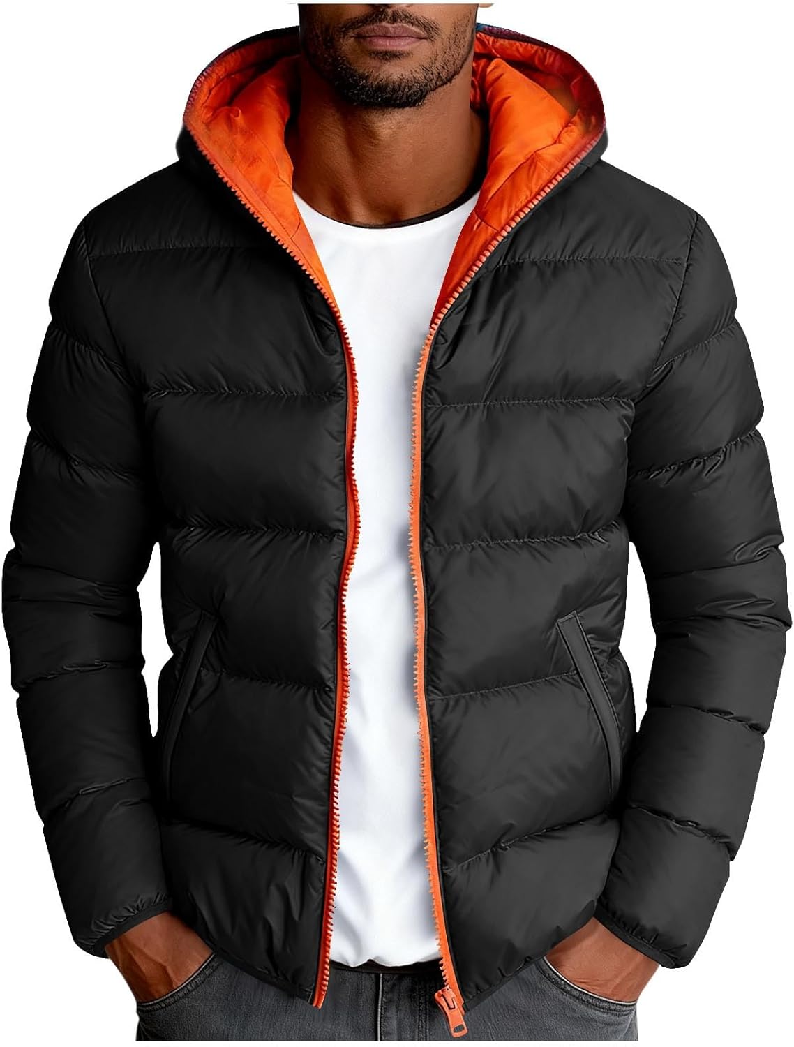Puffer Jacket for Men Packable Quilted Down Jackets Waterproof Full Zip Up Hooded Jacket Padded Coat Warm Winter Coats