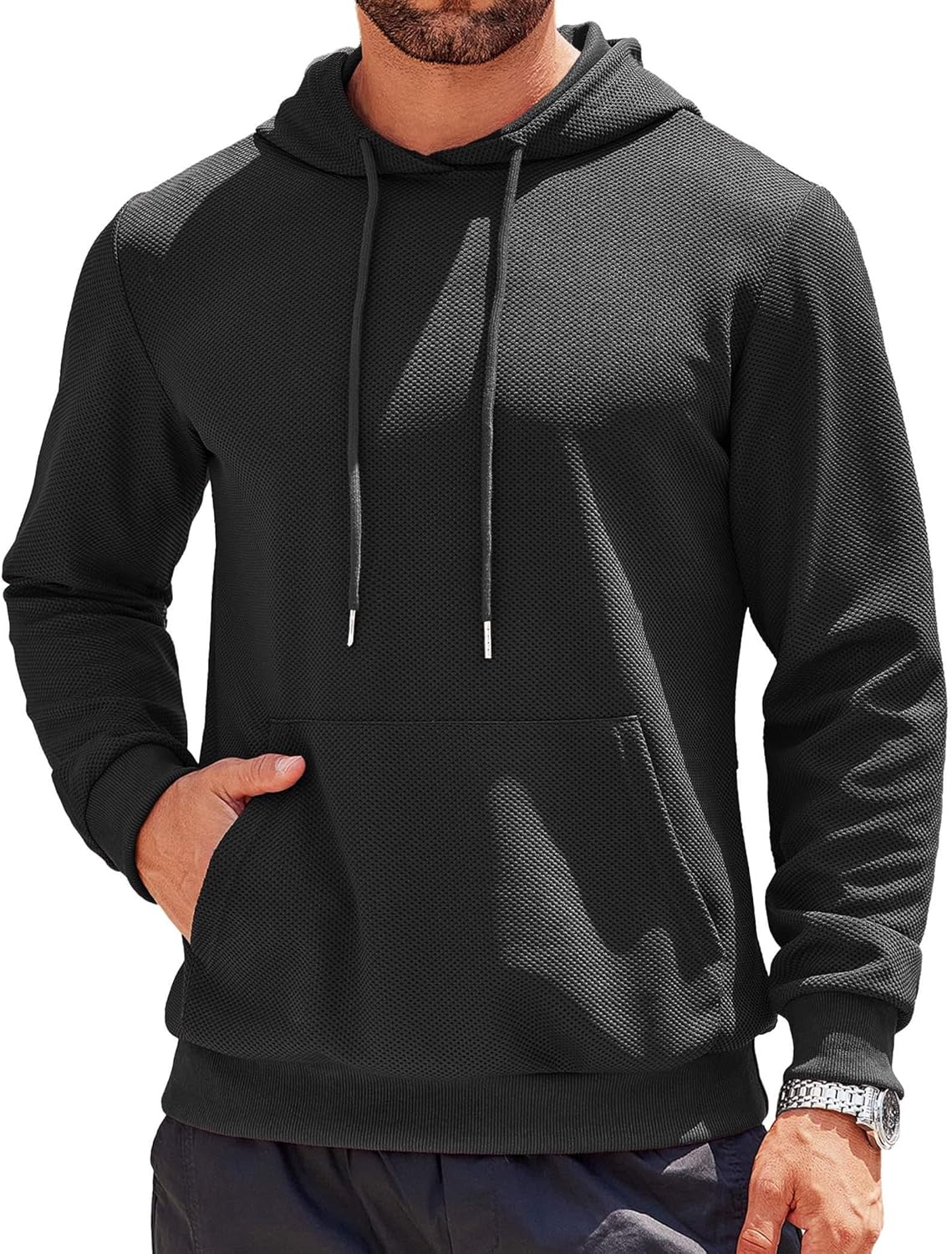 Men's Hooded Sweatshirts Long  Casual Waffle Knit Pullover Hoodies with Kanga Pocket