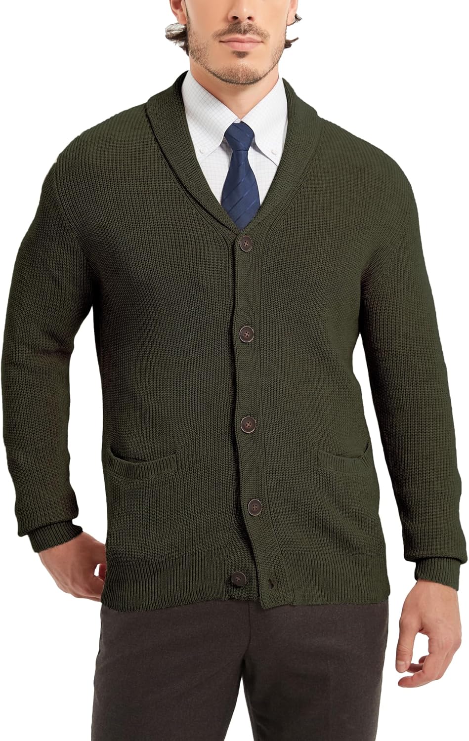 Men's Wool Blend Shawl Collar Cardigan Sweater Button Down Knitwear with Pockets